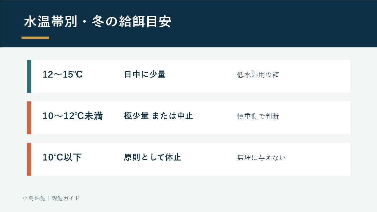 水温帯別に示した冬の錦鯉の給餌目安