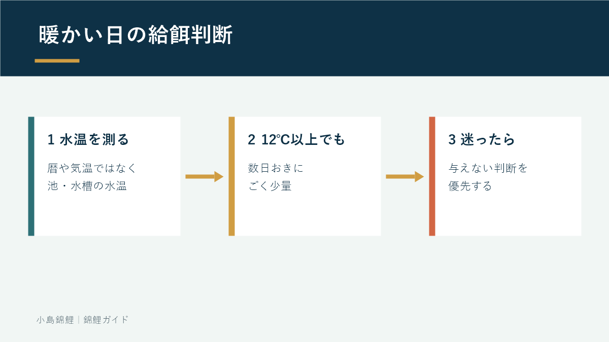 冬の暖かい日に餌を与えるか判断する流れ