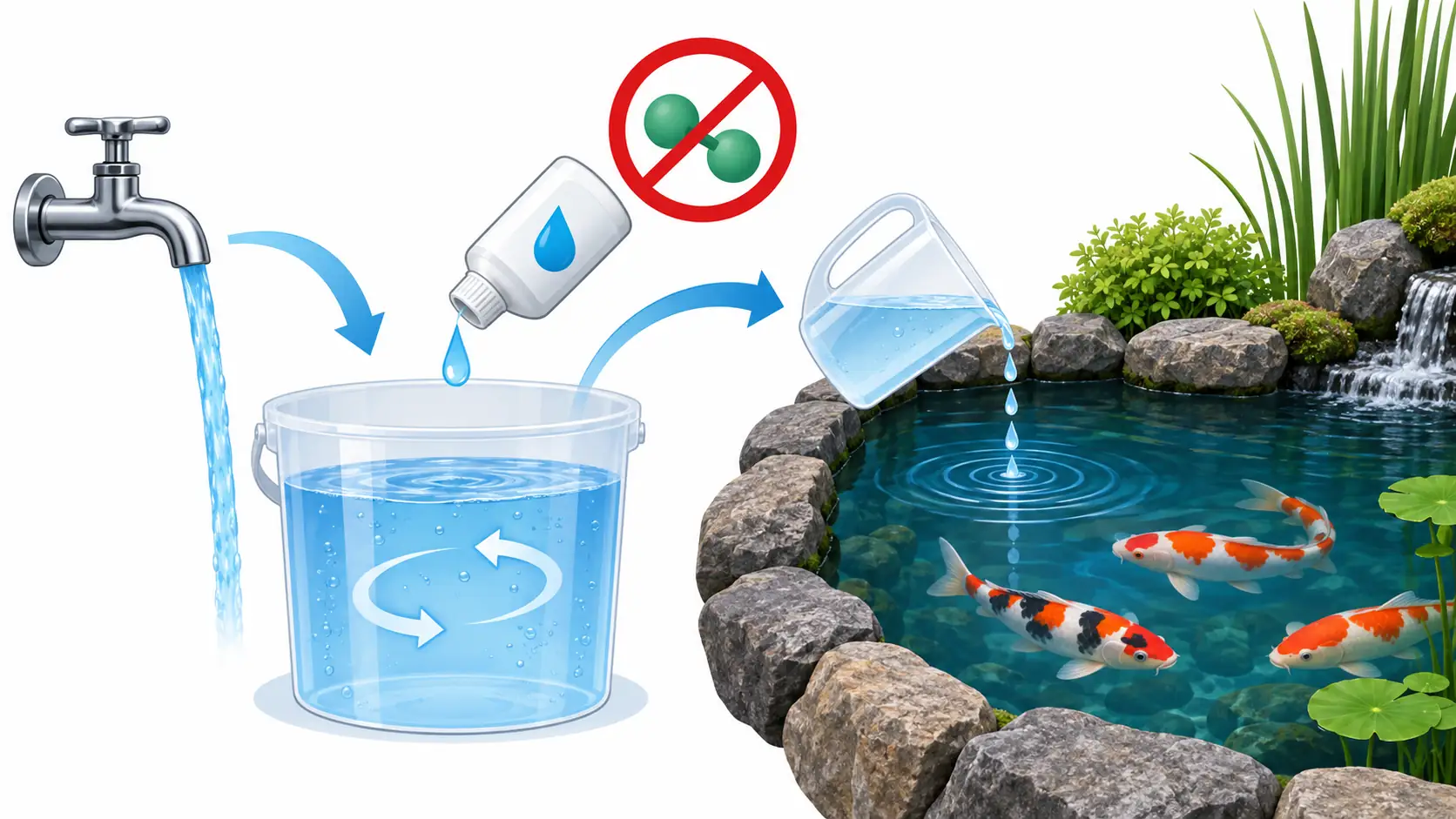 カルキを抜いた水を少しずつ池へ加える流れを示す図