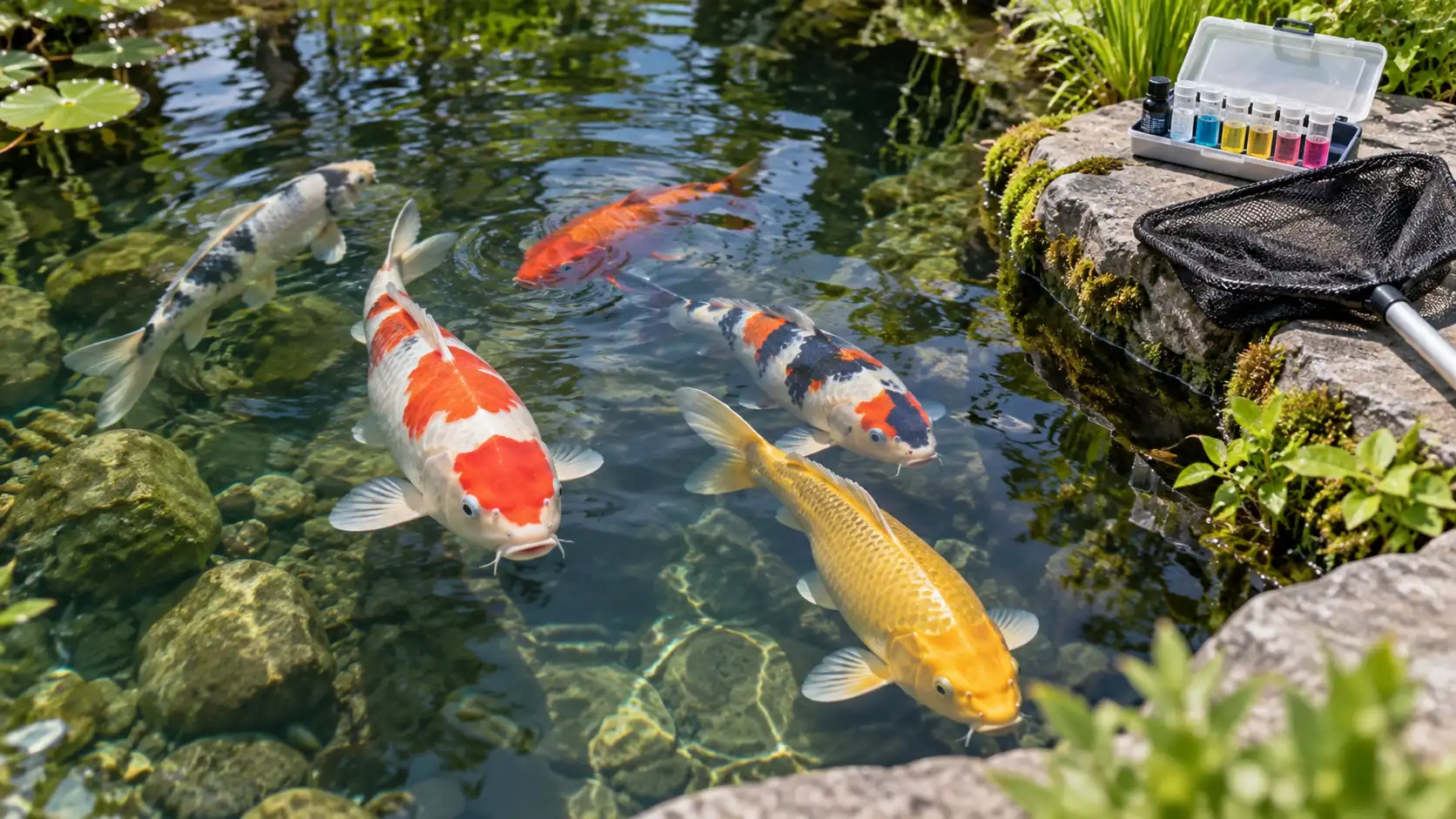 錦鯉の水の状態を観察する一般的なAIイメージ