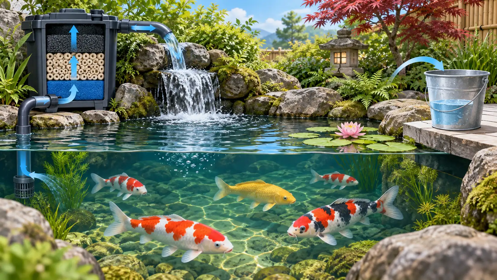 ろ過と部分換水で池の水を安定させる考え方を示す図