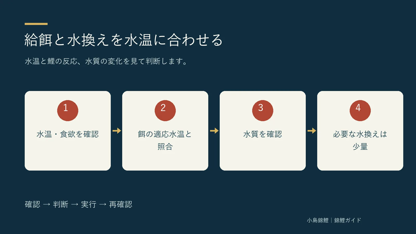 給餌と水換えを水温に合わせる。水温・食欲を確認、餌の適応水温と照合、水質を確認、必要な水換えは少量の順に確認する図解