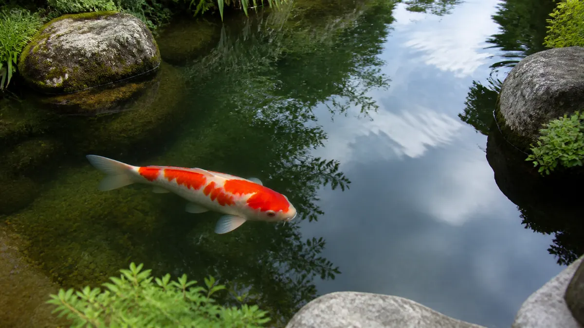 家庭の庭池で泳ぐ一般的な錦鯉のイメージ 家庭の庭池で泳ぐ一般的な錦鯉のイメージ