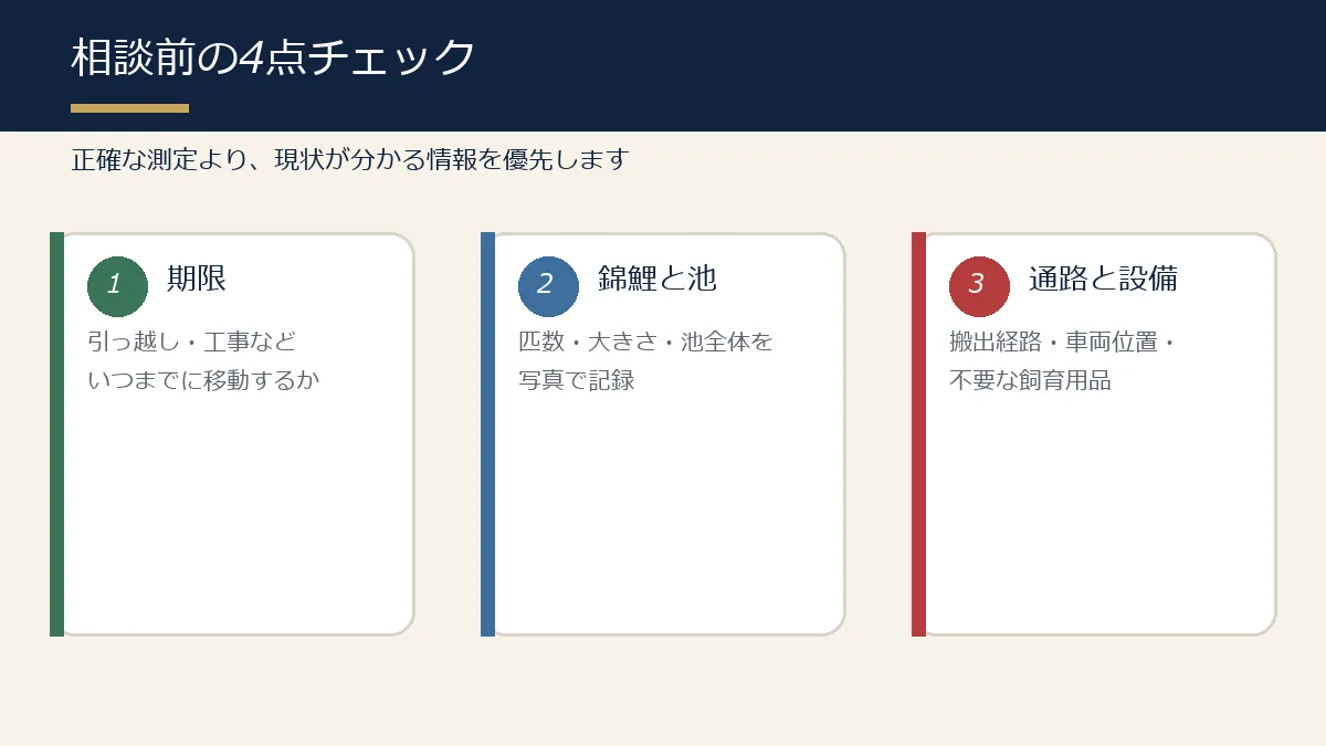 錦鯉の引取相談前に確認する4項目の図解
